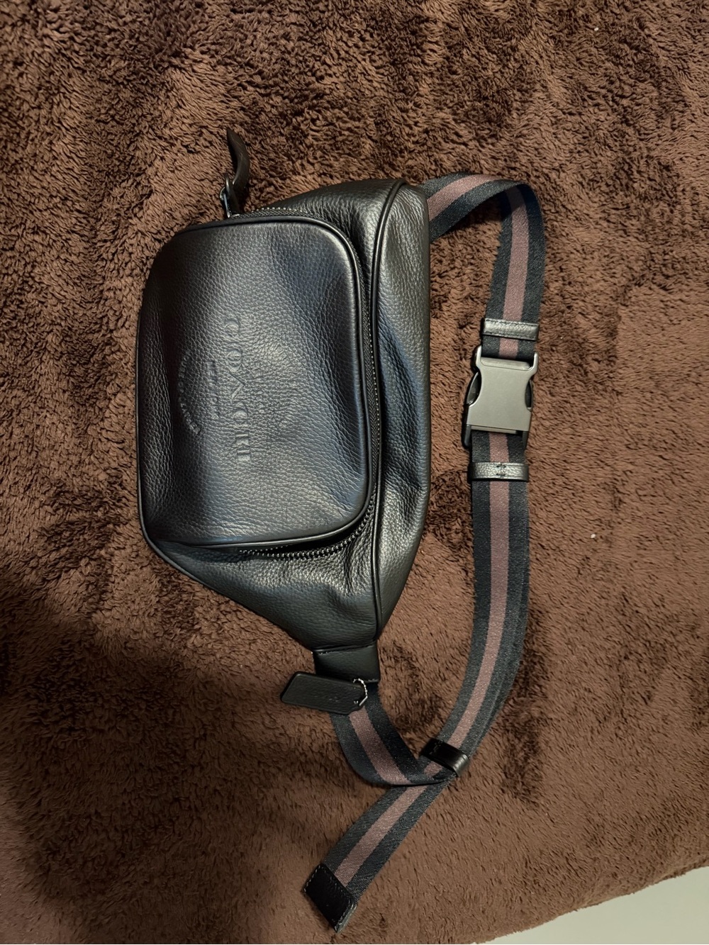 Coach Black Genuine Leather Men's Belt Bag with Striped Webbing Strap
